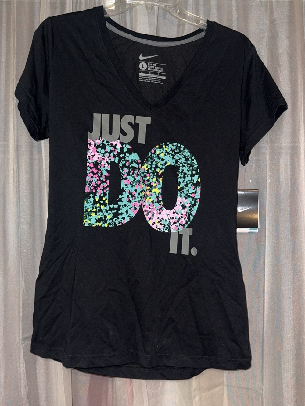 Nike Women’s Black V-Neck Tee with Multicolor 'Just Do It' Graphic